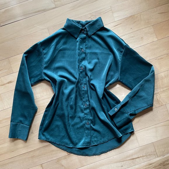 OAK + FORT - Green Satin Button-Up Shirt - Picture 1 of 7